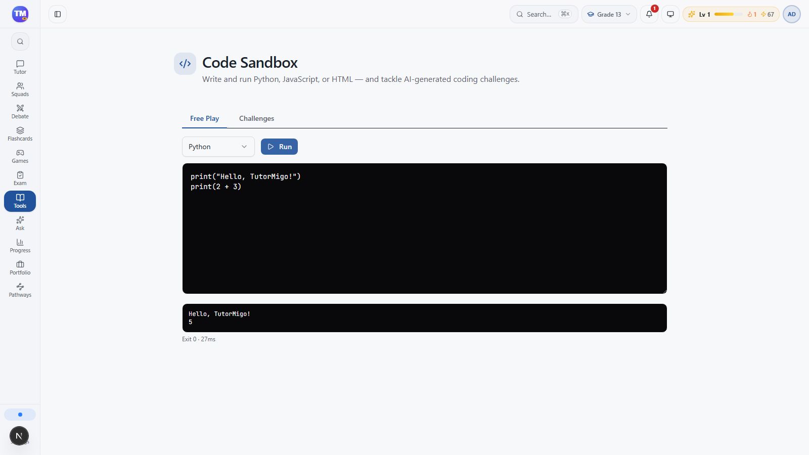 Successful Python execution prints the greeting and the number five