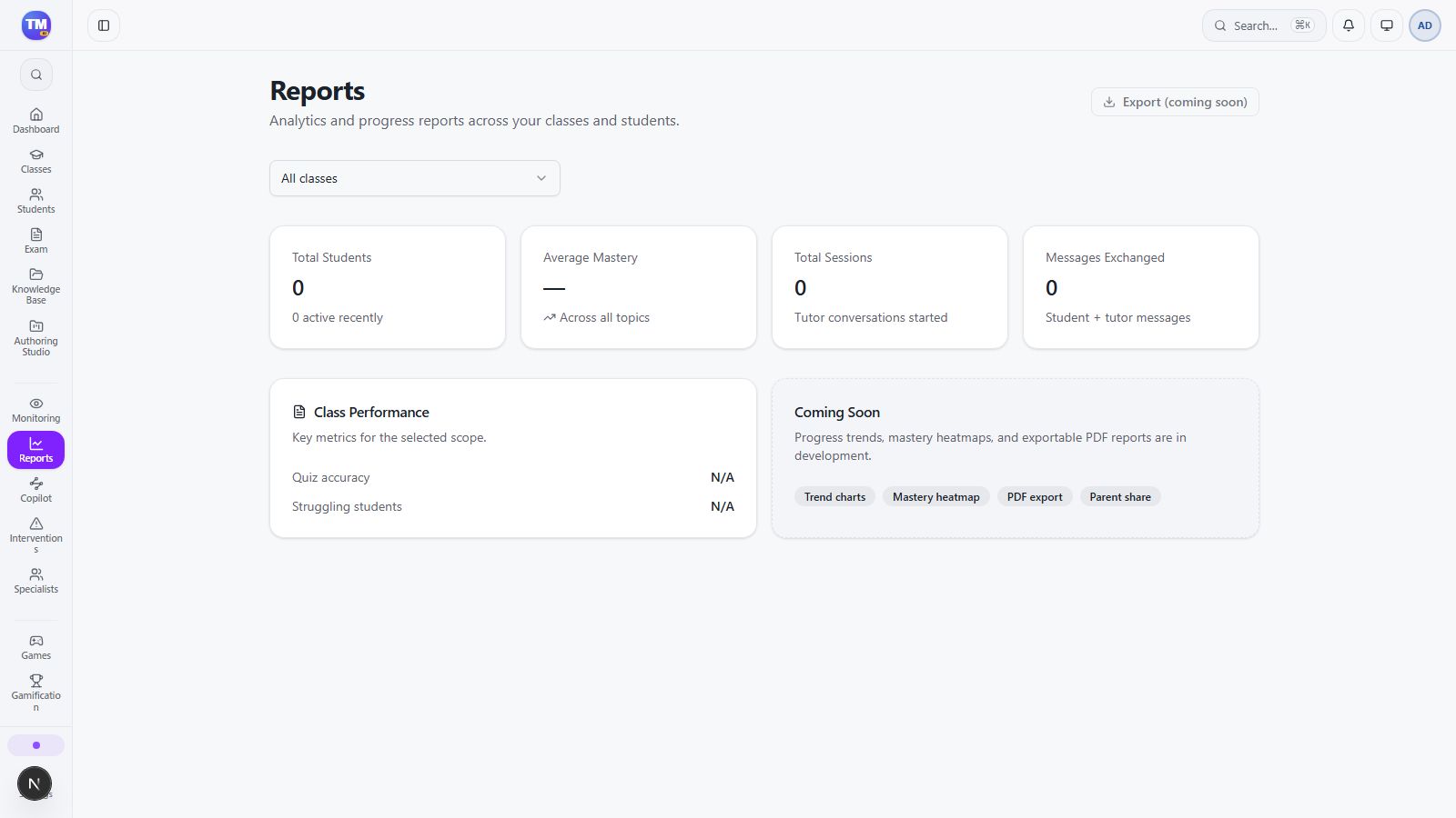 Teacher Reports overview with limited report and export availability