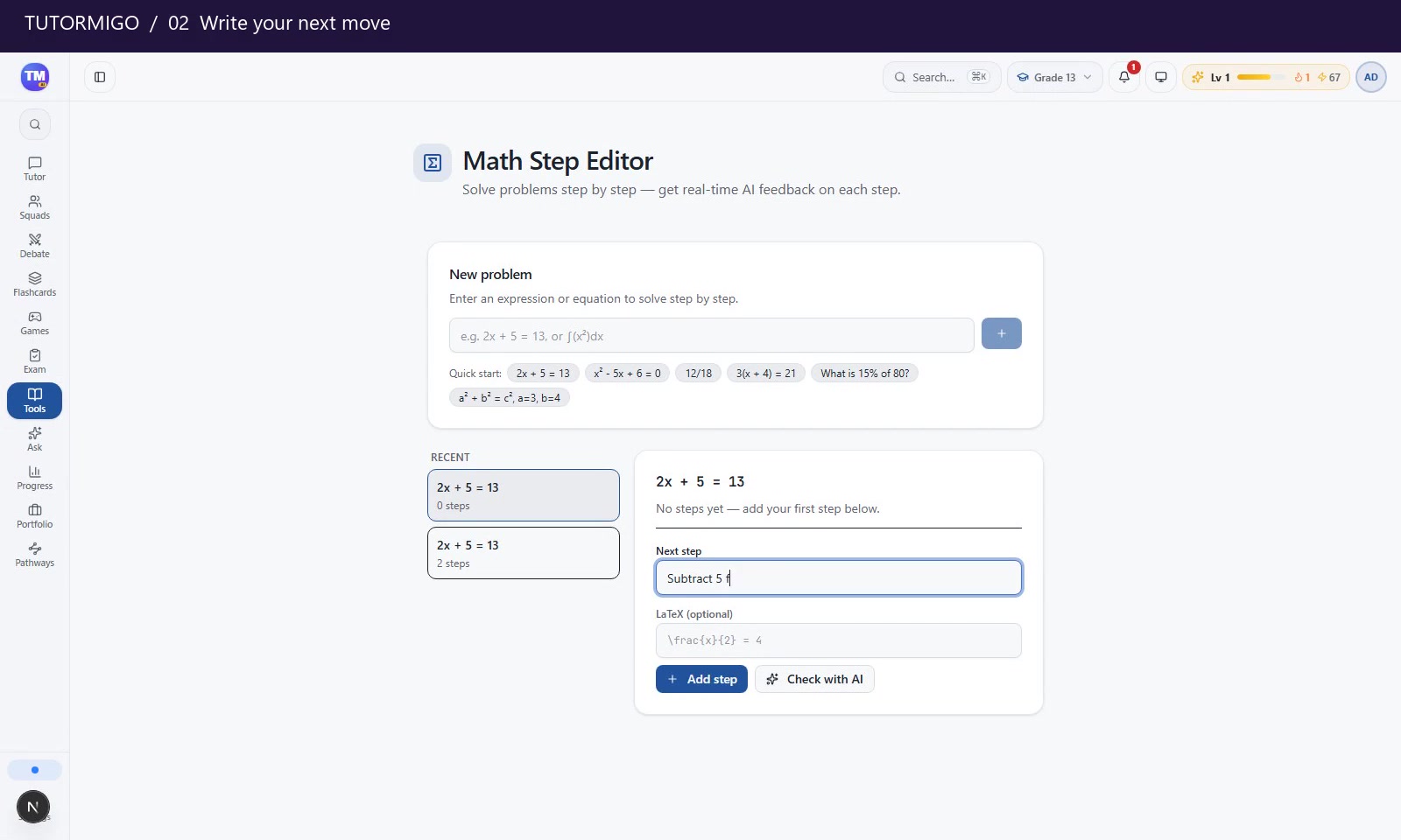 Preview: Solve an equation in Math Steps